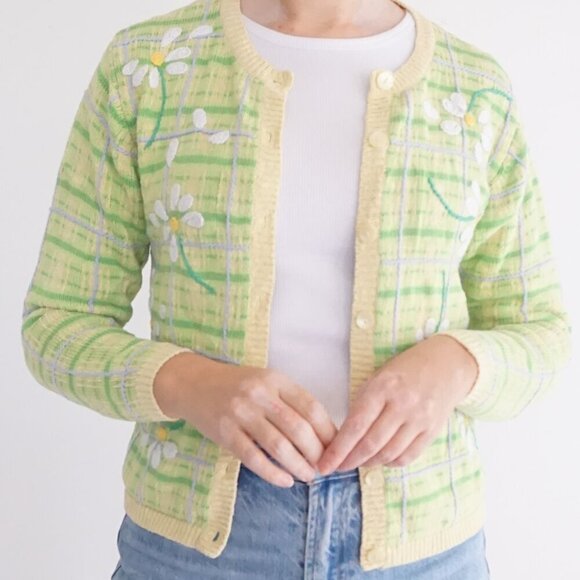 Talbots Petites Green Knit Yellow Checkered Embroidered Daisy Button Cardigan P - Picture 1 of 11